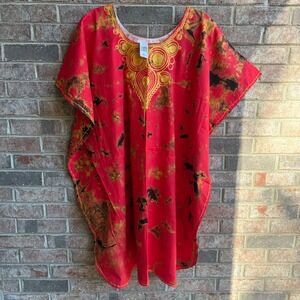 Stoneage‎ Arts Kenya Red Gold Embroidered Dashiki Kaftan One Size NWT